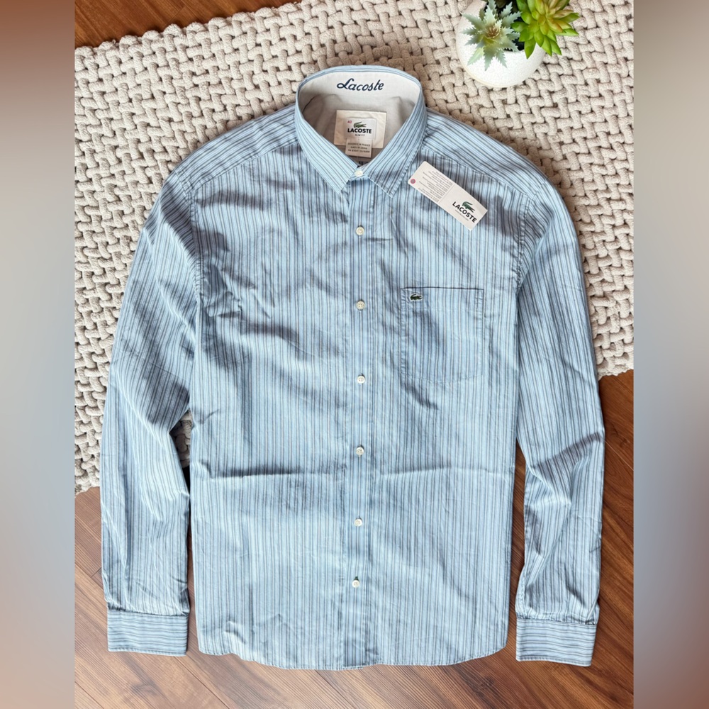 Lacoste | NWT! Men's Cotton Button Down Striped Dress Shirt Blue/Gray | Medium